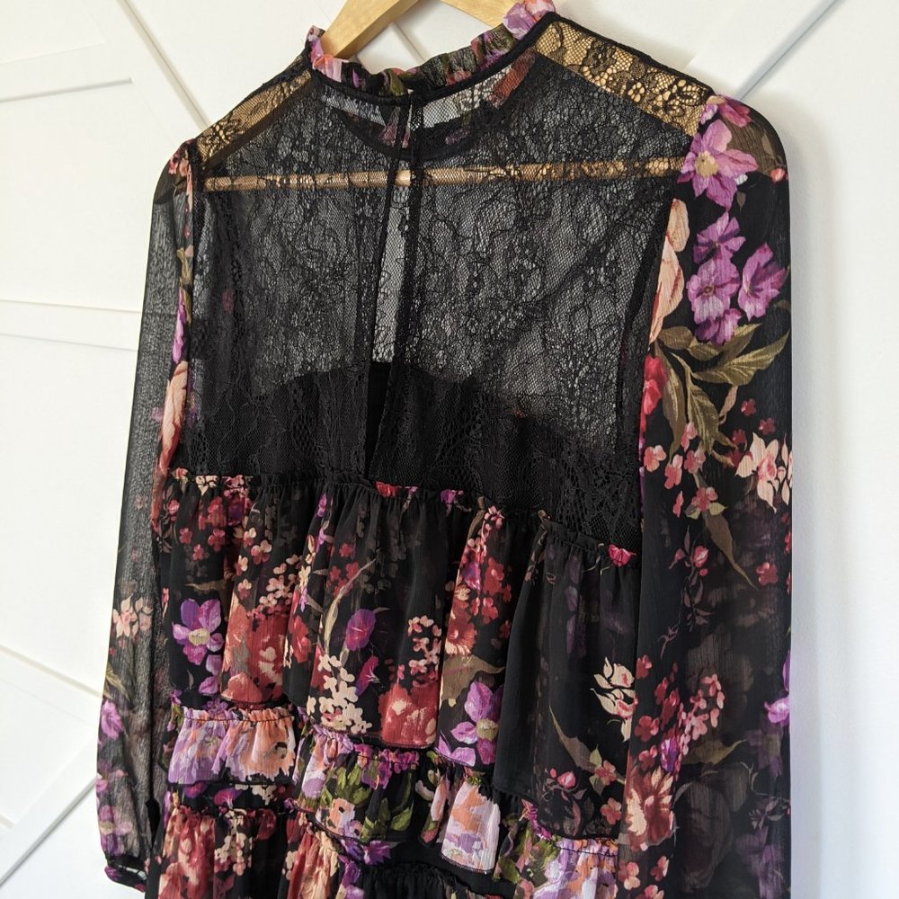 Zara black lace floral tiered ruffle boho dress M - Picture 8 of 11